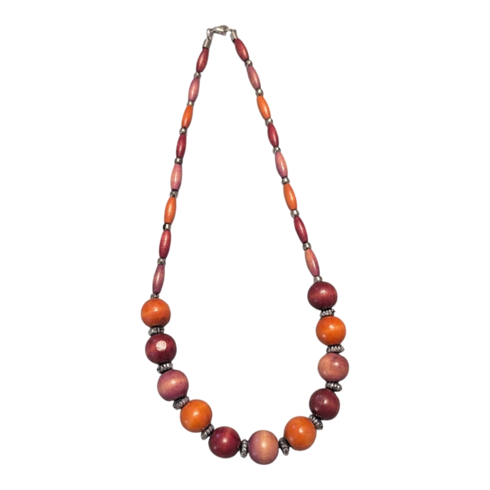 VTG Boho Handmade Wooden Red, Orange & Plum With Metallic Silver Beaded Necklace